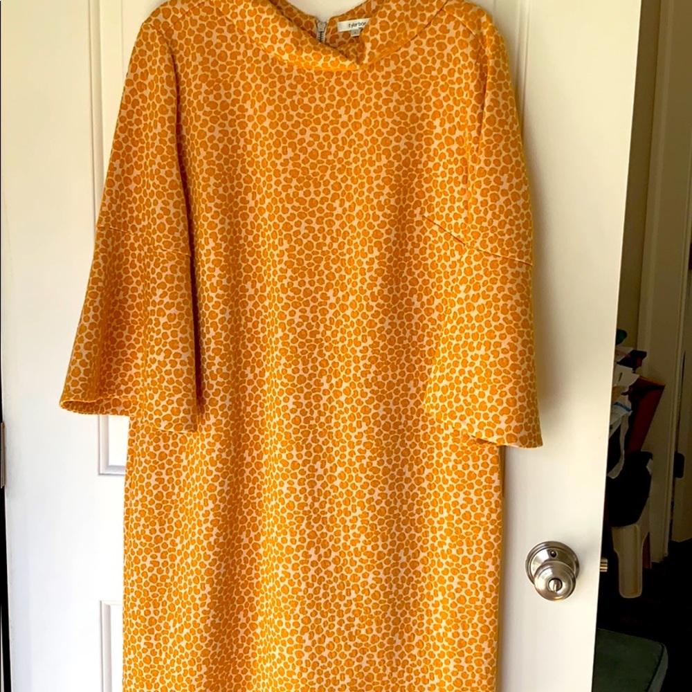 Tyler Boe dress yellow giraffe print. Bell sleeve
